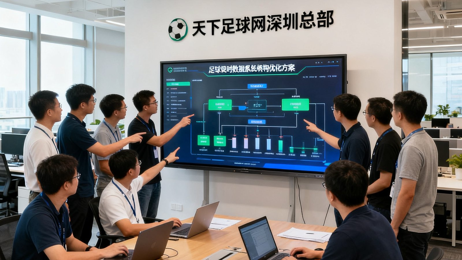 天下足球网深圳总部开放式办公区，十几位工程师围绕大型显示屏讨论足球实时比分数据系统架构优化方案