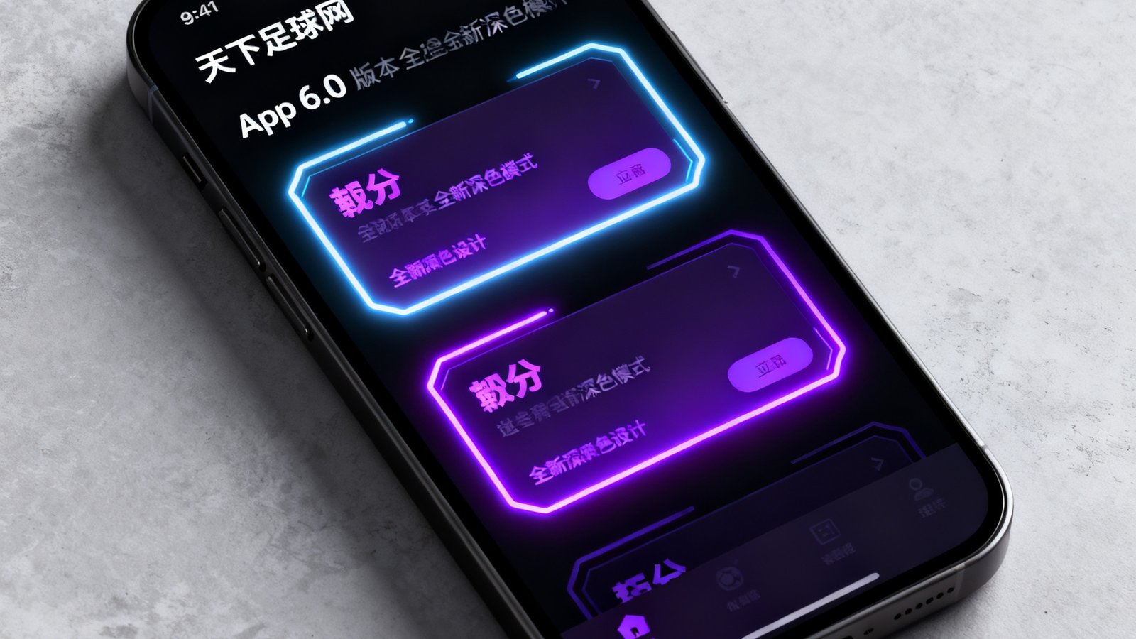 天下足球网App6.0版本在智能手机上展示全新深色模式界面，霓虹风格比分卡片设计